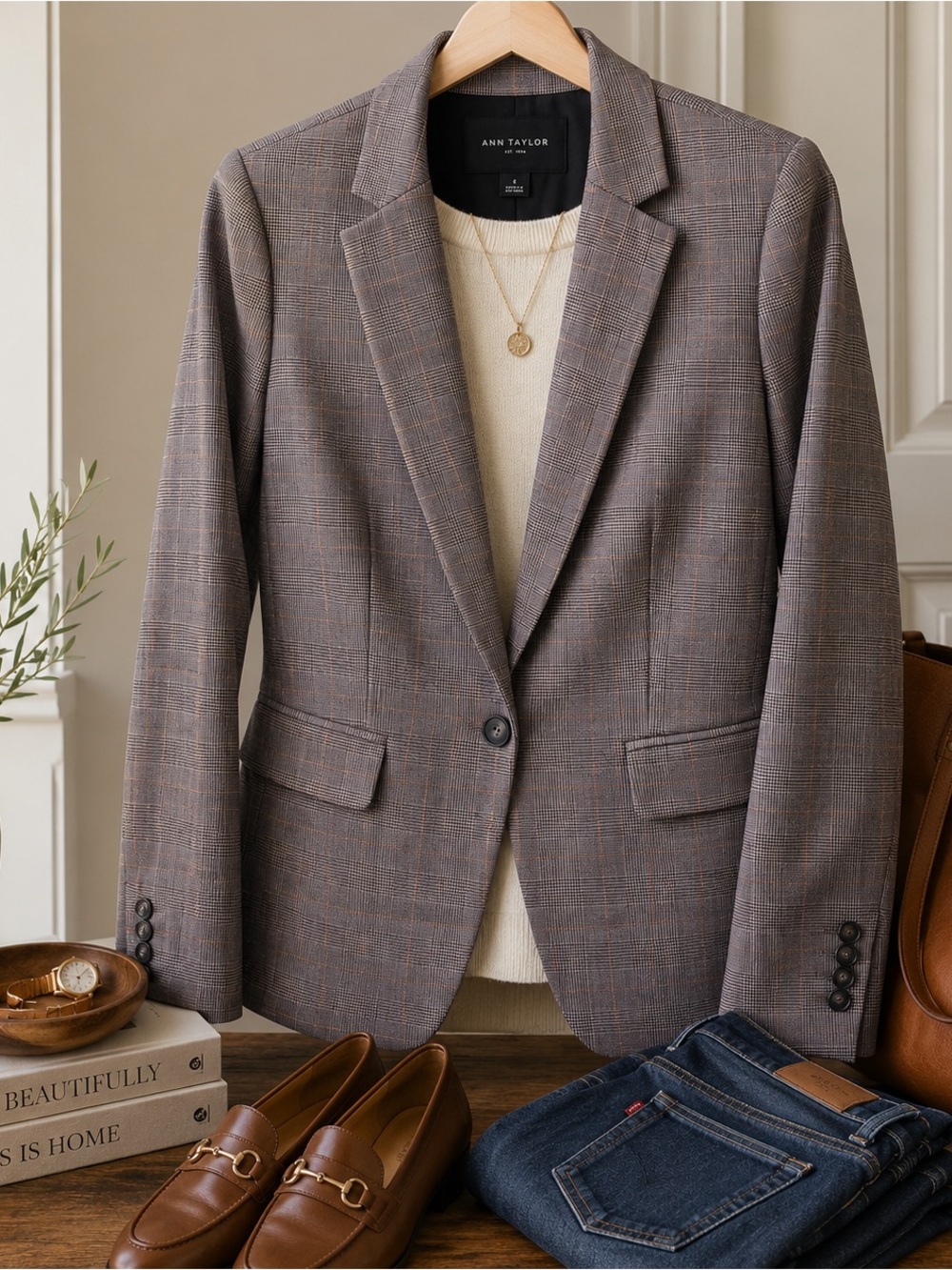 Ann Taylor Plaid One Button Blazer Size 2 Brown Glen Plaid Career Jacket